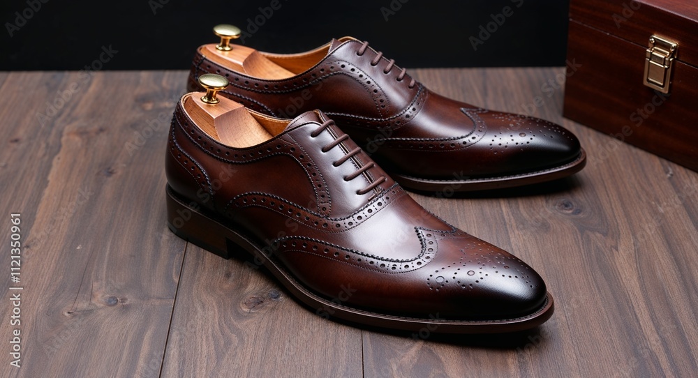 Mens dark brown oxford shoes with a detailed brogue design and lace up closure black background Mens dark brown oxford shoes with a detailed brogue design and lace up closure black background