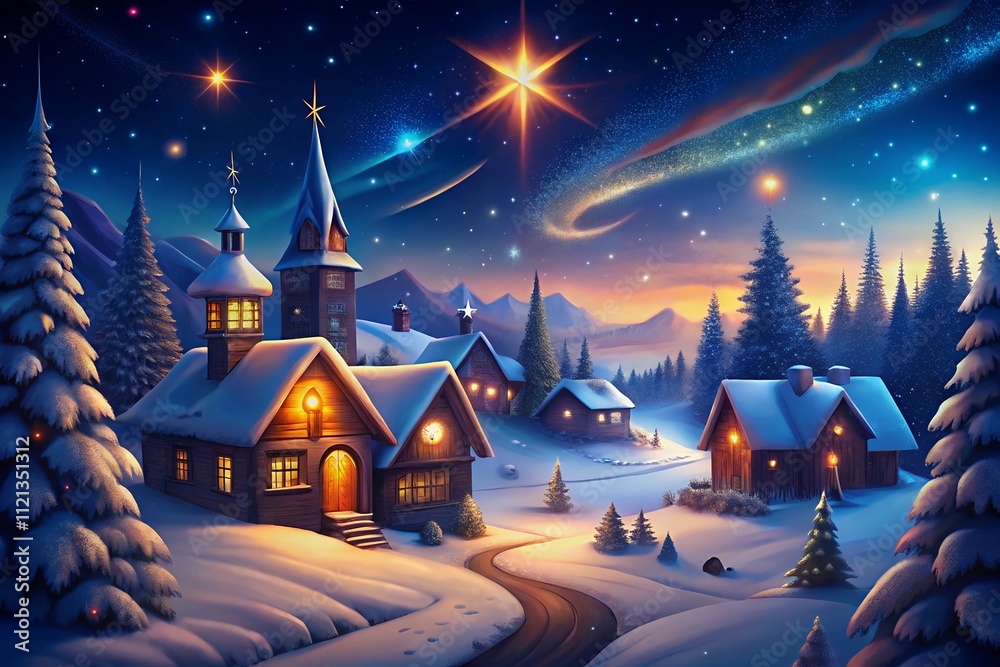 landscape with church christmas trees with red and golden garlands into a forest with snowy flakes with shape of stars close to xmas gifts in red boxes landscape with church christmas trees with red and golden garlands into a forest with snowy flakes with shape of stars close to xmas gifts in red boxes