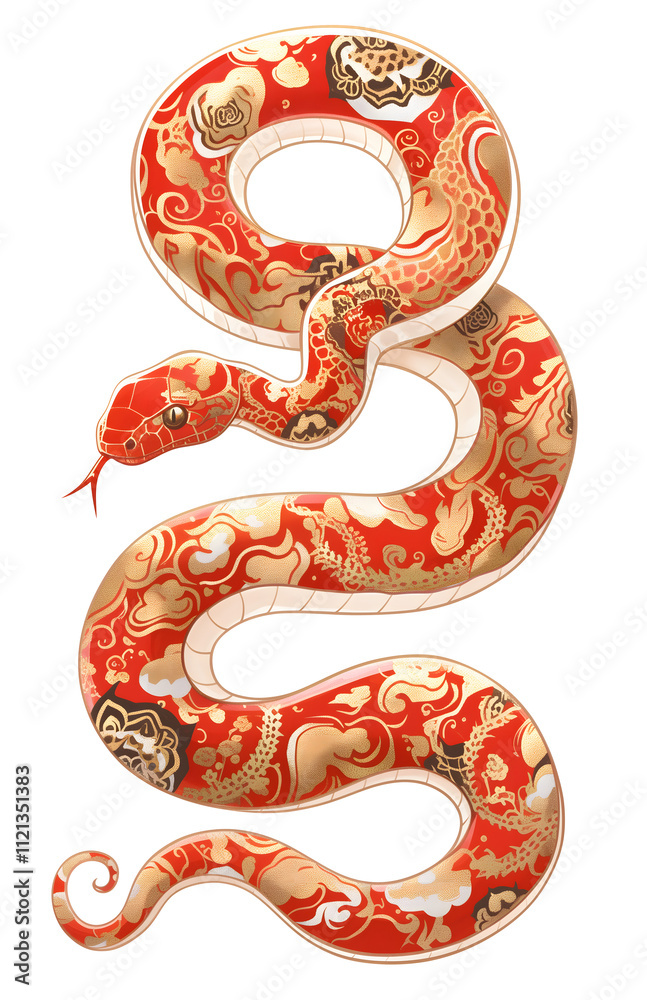Simple red gold snake with floral ornament on skin in cartoon Chinese art style. Asian New Year 2025 isolated clipart Simple red gold snake with floral ornament on skin in cartoon Chinese art style. Asian New Year 2025 isolated clipart
