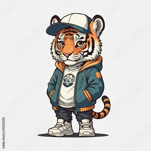 A chibi tiger wearing a streetwear jacket, baseball cap, and chunky shoes, thick lines, white background.
Detail