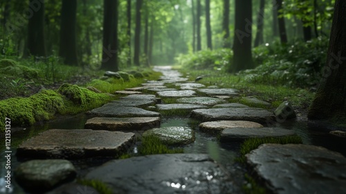 A serene forest path winds through tall trees, with moss-covered stones reflecting the ethereal light of a lush, green woodland.