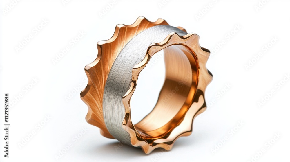 The metallic ring sculpture features a unique design with jagged edges and a brushed finish, giving it a raw and industrial aesthetic. The metallic ring sculpture features a unique design with jagged edges and a brushed finish, giving it a raw and industrial aesthetic.