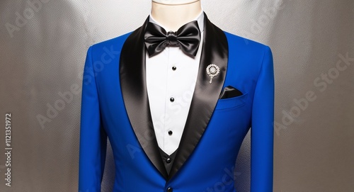 Mens royal blue tuxedo with satin shawl collar and a black silk bow tie silver background  photo