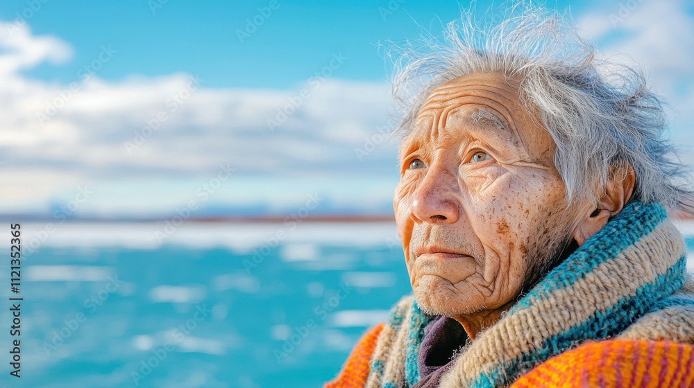 An elderly Inuit man with weather worn skin and a stoic expression gazes out across the vast, frozen landscape, his features etched with a lifetime of resilience in the harsh Arctic cold. An elderly Inuit man with weather worn skin and a stoic expression gazes out across the vast, frozen landscape, his features etched with a lifetime of resilience in the harsh Arctic cold.