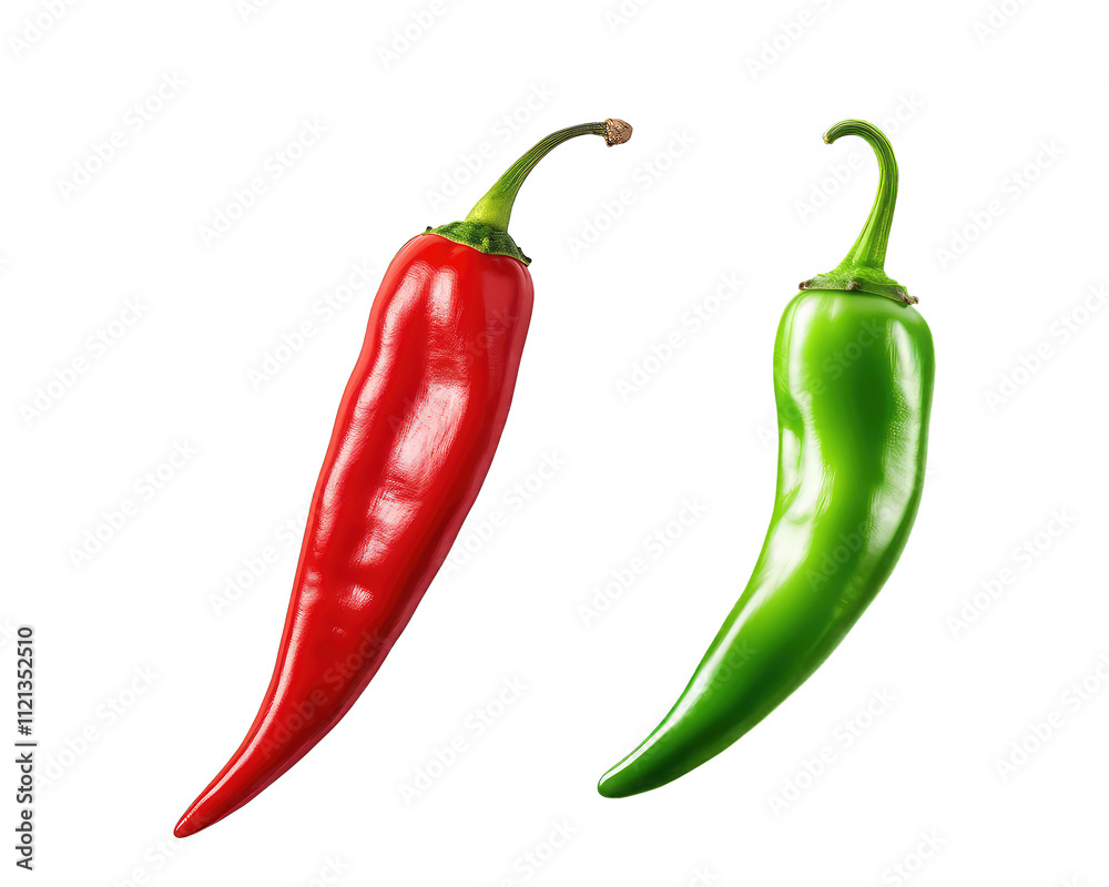Vibrant Red and Green Chili Peppers Isolated on White Vibrant Red and Green Chili Peppers Isolated on White