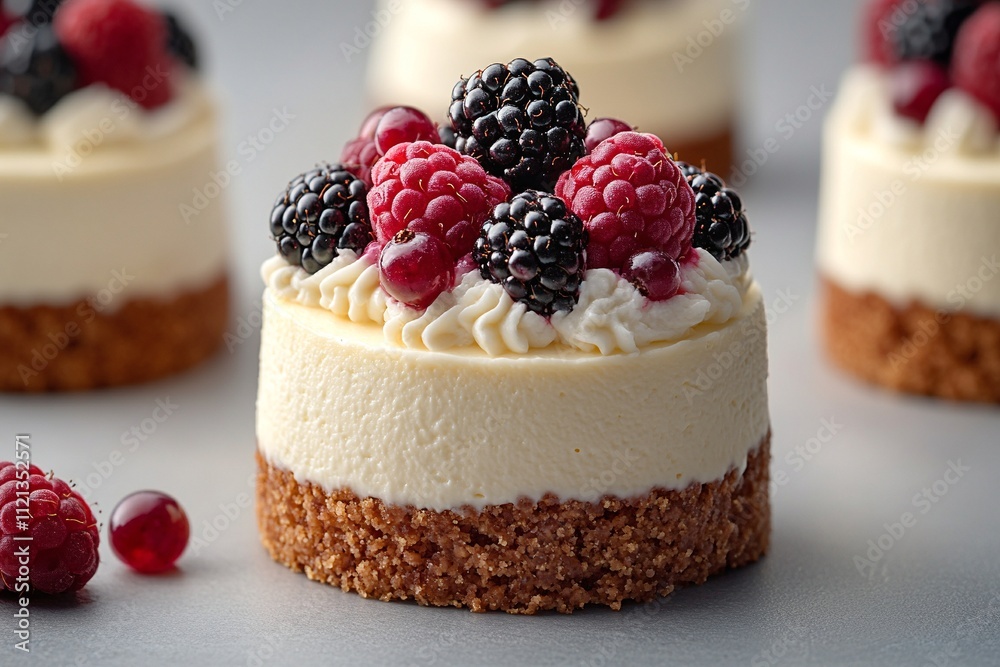 Close-up of a delicious mini cheesecake topped with fresh raspberries, blackberries, and red currants. Creamy, sweet, and perfect for any occasion! Close-up of a delicious mini cheesecake topped with fresh raspberries, blackberries, and red currants. Creamy, sweet, and perfect for any occasion!