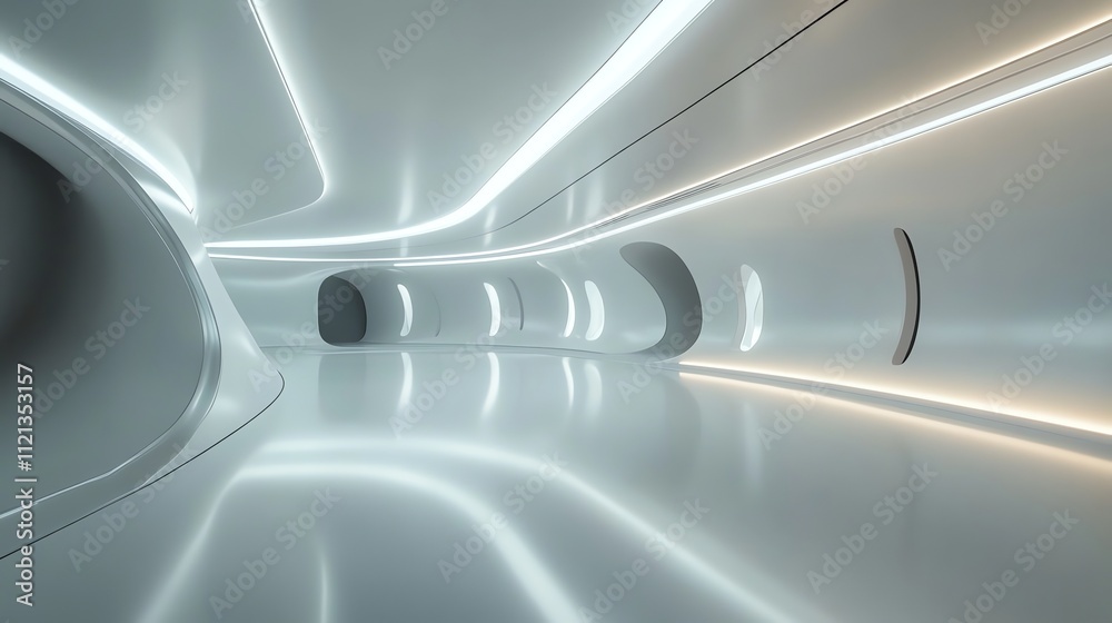 Fototapeta premium A futuristic, minimalist hallway with white walls, a shiny floor, and bright lights.