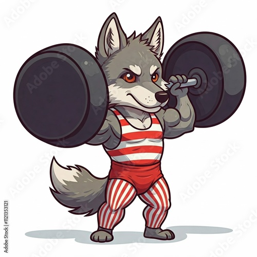 Chibi wolf dressed as a circus strongman, lifting a dumbbell, bold lines, white background.
 photo