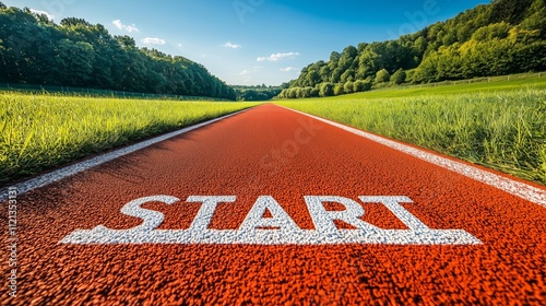 A vibrant red track with a START line amidst lush greenery, symbolizing the beginning of a journey.