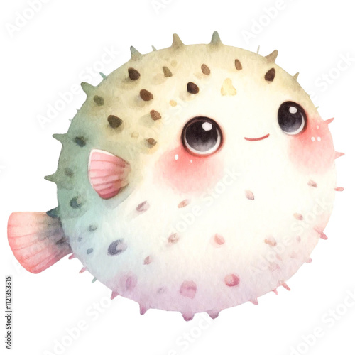 Cute Watercolor Puffer Fish with Spotted Pattern. photo