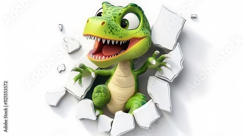 Playful green cartoon dinosaur bursting through a white wall. photo