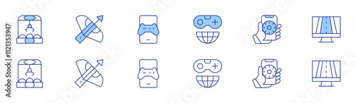 Gaming icon set in two styles, Duotone and Thin Line style. Editable stroke. claw machine, crossbow, game, game controller, online gambling, racing game