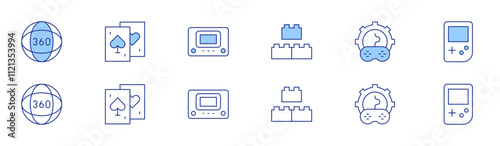 Gaming icon set in two styles, Duotone and Thin Line style. Editable stroke. degrees, block, card game, console, custom, game boy
