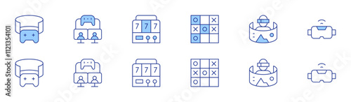 Gaming icon set in two styles, Duotone and Thin Line style. Editable stroke. gaming, slot machine, tic tac toe, virtual reality, vr glasses