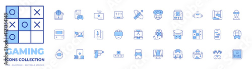 Gaming icons collection. Line Duotone style, editable stroke. bingo, claw machine, crossbow, game console, gaming guide, keyboard, map, playing cards, vr glasses, win