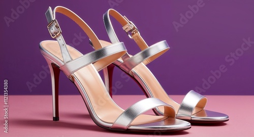 Womens silver heeled sandals with a strap design and high stiletto purple background 
