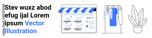 E-commerce website interface with shopping cart, clothing rack with garments, and potted plant on right side. Ideal for online shopping, retail, fashion, e-commerce, digital marketing, website
