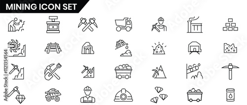 Mining icon set design. Mining line icon, vector. Diamond, coal, gold, mine, ore, coal wagon icon design. vector illustration.