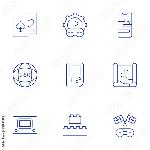 Gaming icons set. Thin Line style, editable stroke. degrees, block, card game, console, custom, online game, racing, game boy, game map