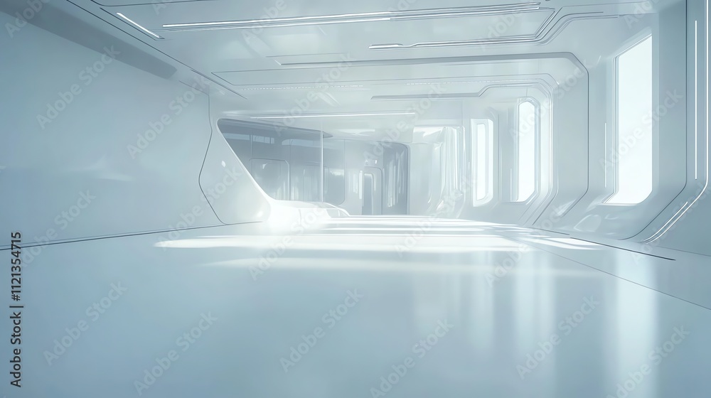 Obraz premium A futuristic, minimalist hallway with white walls, a shiny floor, and bright lights.