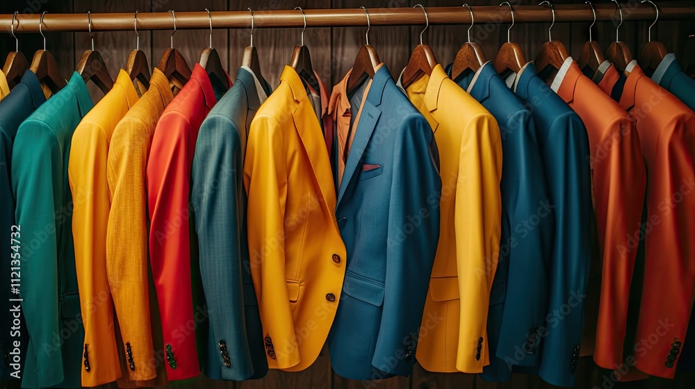 Colorful suits in various shades, from vibrant yellow to classic navy, neatly arranged on wooden hangers Colorful suits in various shades, from vibrant yellow to classic navy, neatly arranged on wooden hangers