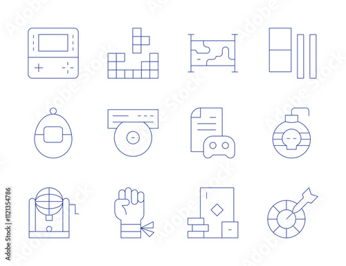 Gaming icons. Thin Line style, editable stroke. bingo, bomb, construction, darts, domino, fighting game, gambling, game console, gaming, gaming guide, map, tamagotchi