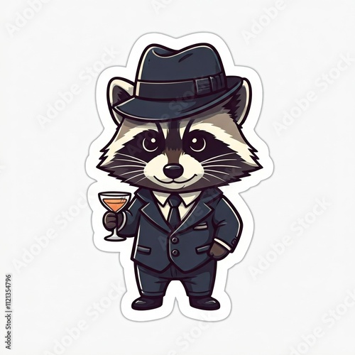 Chibi raccoon in a black mafia suit, holding a cocktail glass, bold lines, white background, sticker style. photo