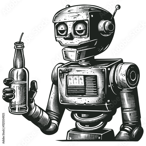 Robot with bottle, engraving style, vector illustration.