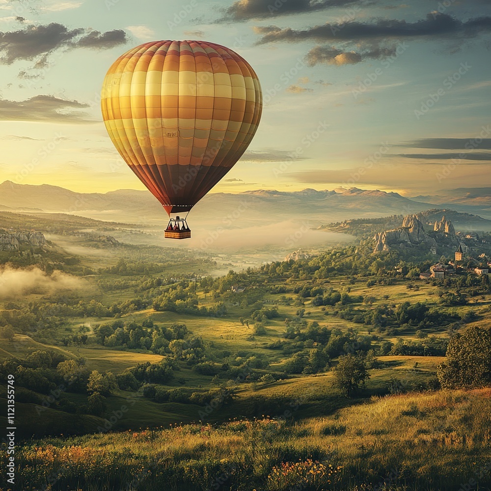 Fototapeta premium Hot air balloon soaring over a picturesque valley at sunrise.