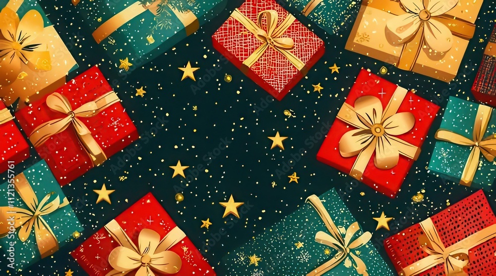 Festive background with many colorful gift boxes, gold ribbons, and stars. Festive background with many colorful gift boxes, gold ribbons, and stars.