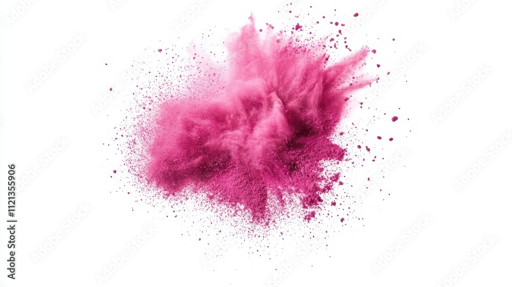 A soft makeup brush throws pink powder into the air, creating an artistic explosion of color on a plain white background A soft makeup brush throws pink powder into the air, creating an artistic explosion of color on a plain white background