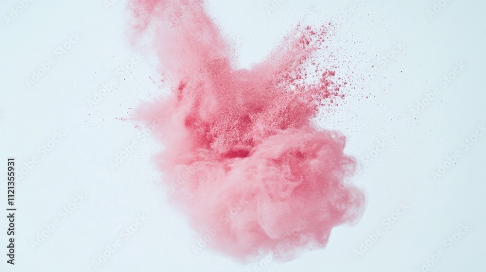 A soft makeup brush throws pink powder into the air, creating an artistic explosion of color on a plain white background A soft makeup brush throws pink powder into the air, creating an artistic explosion of color on a plain white background