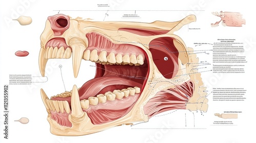 Detailed anatomical illustration of a canine's head, showcasing the intricate structure of its jaw, teeth, and muscles. 