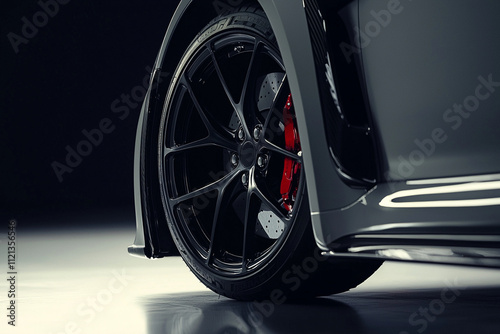 Close up of a sleek racing tire against a dark backdrop photo