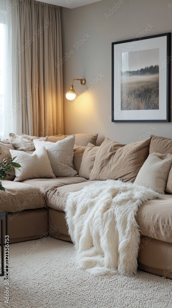 Fototapeta premium Light-filled living area featuring a plush brown corner sofa with an array of soft pillows, complemented by a warm throw, inviting relaxation and comfort throughout the day