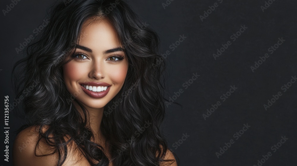A stunning brunette with wavy curls and bold makeup smiles brightly, exuding confidence and charisma in a studio setting A stunning brunette with wavy curls and bold makeup smiles brightly, exuding confidence and charisma in a studio setting