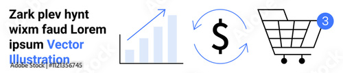 Bar graph with upward arrow, circular dollar sign with arrows, shopping cart with a notification badge. Ideal for business analytics, financial growth, online shopping, e-commerce, economic trends