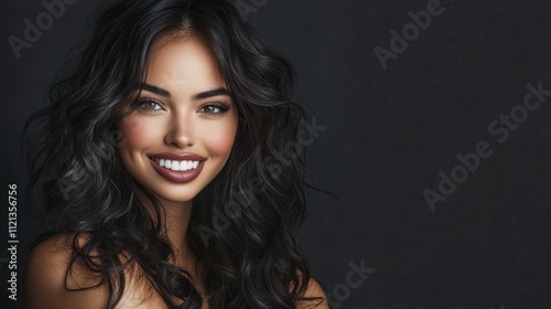 A stunning brunette with wavy curls and bold makeup smiles brightly, exuding confidence and charisma in a studio setting