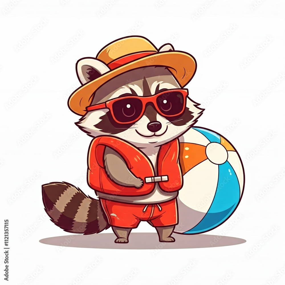 Naklejka premium Cute chibi raccoon with a beach ball, wearing sun glasses, in a fun beach outfit, outlined in bold lines with a white background. 