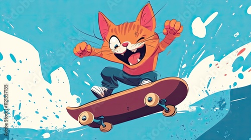 A cheerful orange tabby cat shreds on a skateboard, a vibrant splash of color and energy against a cool blue backdrop.