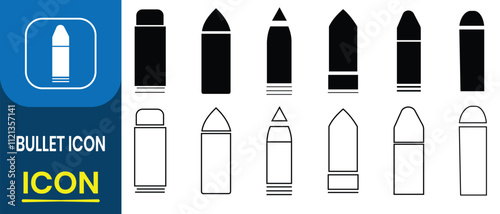Set of Illustrations of bullets and cartridge icon. Military ammunition, weapon ammo types and size in flat style, Bullet or patron silhouette. Vector illustration. 