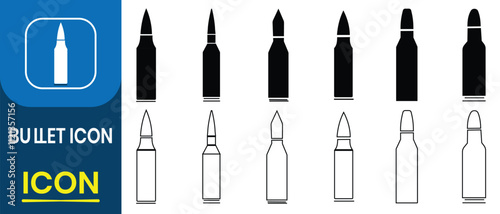 Bullet cartridges icons vector set. Military ammunition, weapon ammo types and size in flat style, Bullet or patron silhouette. Vector illustration. 