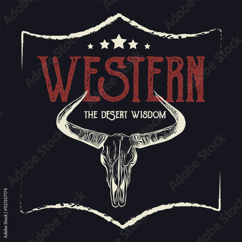 Western Vintage retro bull skull Textile Print Vector Illustration, Vintage western wild west, cowboy vintage print, Suitable for poster, label, flyer, invitation, t-shirt design