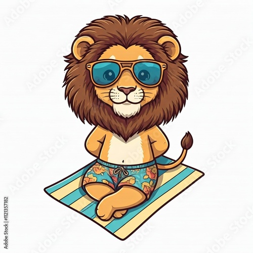 A chibi lion in beach shorts, wearing sunglasses and lounging on a beach towel, outlined in thick black lines with a white background.
