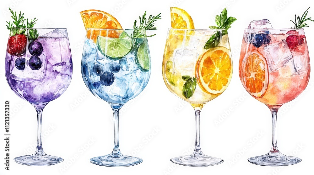 Colorful Cocktails in Elegant Glasses with Fresh Fruits and Herbs for Refreshing Summer Drinks Colorful Cocktails in Elegant Glasses with Fresh Fruits and Herbs for Refreshing Summer Drinks