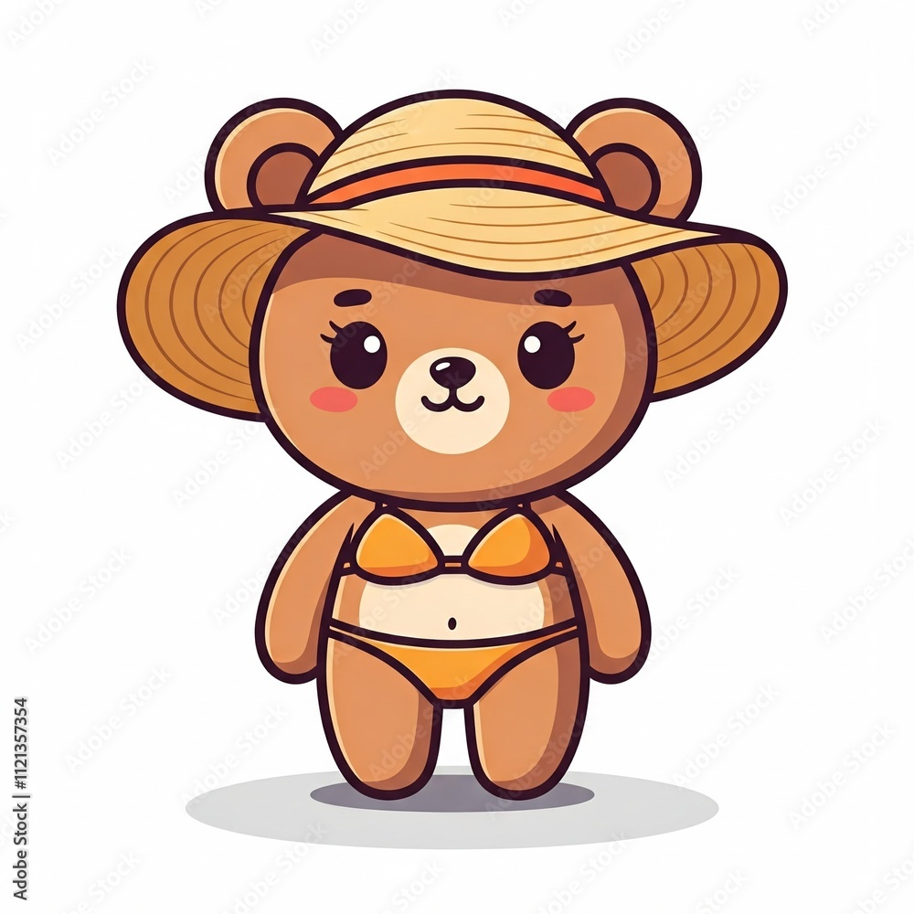 Fototapeta premium Cute chibi bear wearing sun hat and summer bikini outfit, with thick lines and clean white background. 