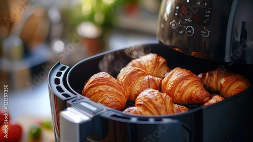 Interior view of an air fryer cooking perfectly browned croissants, its sleek design fitting into a modern kitchen aesthetic photo