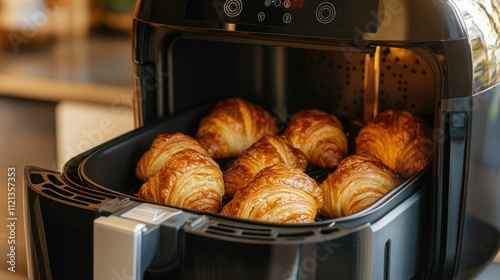 Interior view of an air fryer cooking perfectly browned croissants, its sleek design fitting into a modern kitchen aesthetic photo