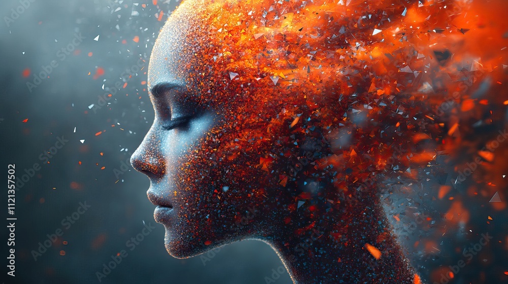 A profile view of an AI head made of colorful triangles, with artistic elements dissolving and falling away A profile view of an AI head made of colorful triangles, with artistic elements dissolving and falling away
