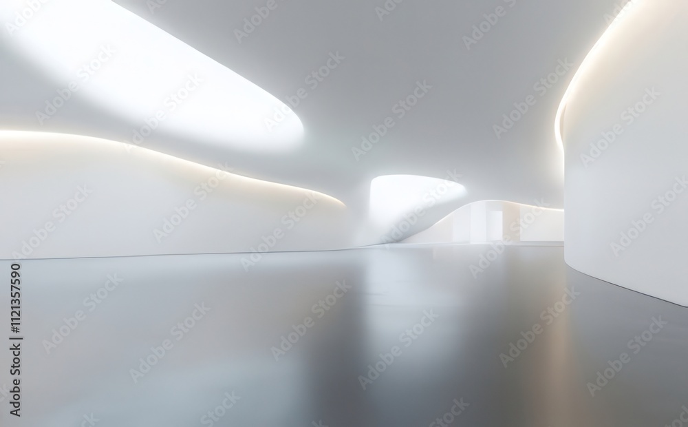Modern white interior architecture with curved walls and glowing lights. Modern white interior architecture with curved walls and glowing lights.